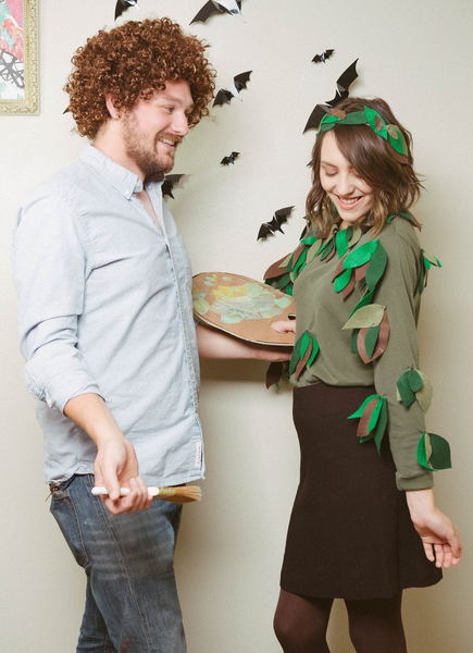 Couples costume featuring a couple dressed as Bob Ross and a Happy Little Tree.