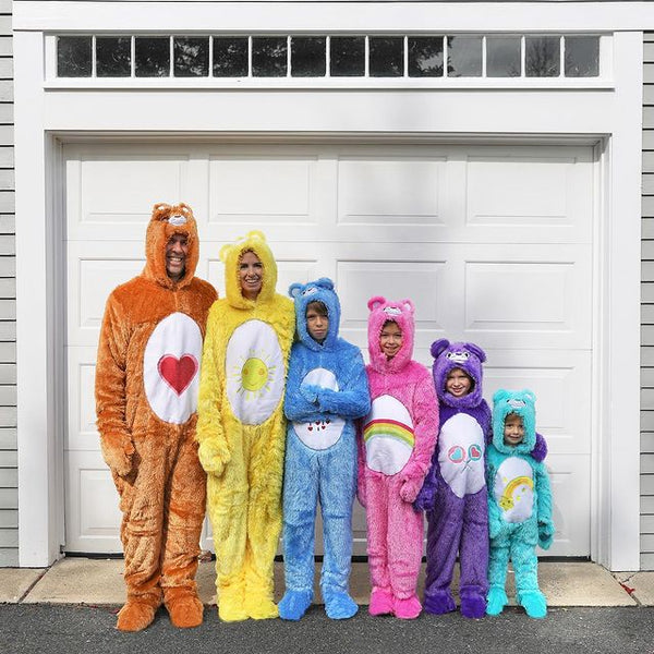 A family of six dressed in a Care Bears group Halloween costume.