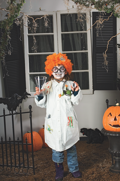 A child wearing a DIY Mad Scientist Halloween costume.