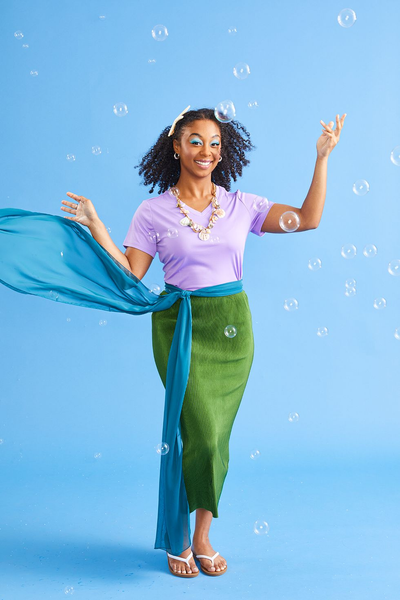 A woman wearing a DIY Mermaid Halloween costume.