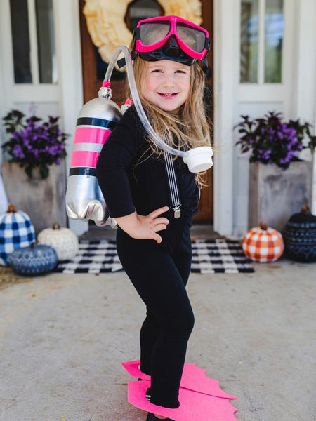 A young girl wearing a homemade Scuba Diver Halloween costume.