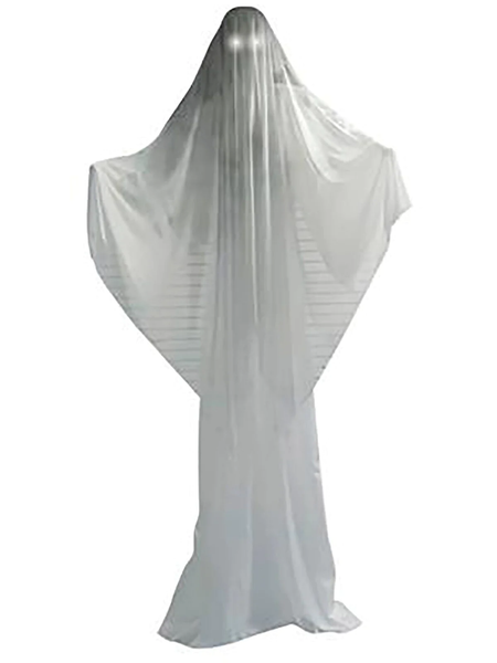 A white-cloaked reaper Halloween decoration with light-up eyes.