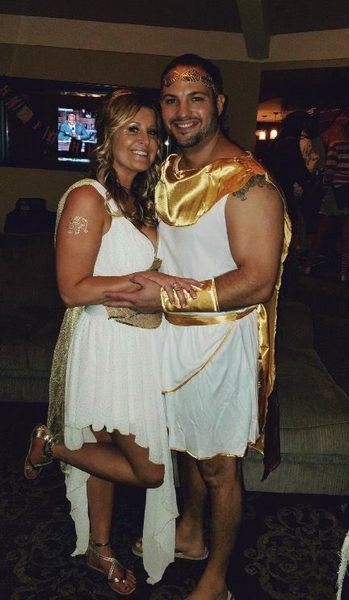 Couples costume featuring a couple dressed as a Greek God and Goddess.