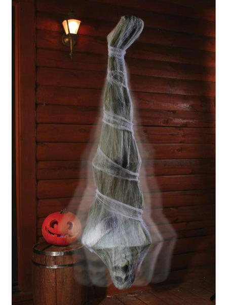 A Halloween decorationf eaturing a corpse wrapped in a cocoon hanging upside down.