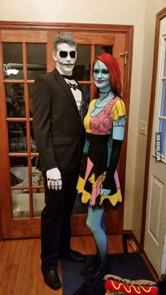 Couples costume featuring Jack Skellington and Sally from The Nightmare Before Christmas