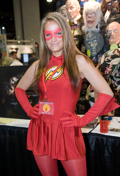 A woman dressed in a sexy The Flash Halloween cosutme.