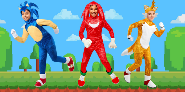 Sonic the Hedgehog, Knuckles the Echidna, and Tails the Fox Halloween costumes for kids.