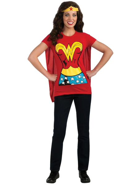 A woman wearing a Caped Wonder Woman T-Shirt costume.