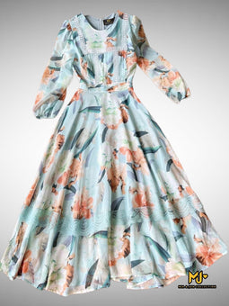 MJV2091 Floral Print Long Sleeve Chiffon Midi Dress