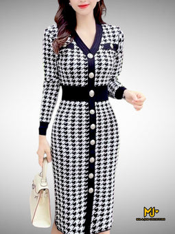 MJV2181 Button Front Houndstooth Sweater Dress