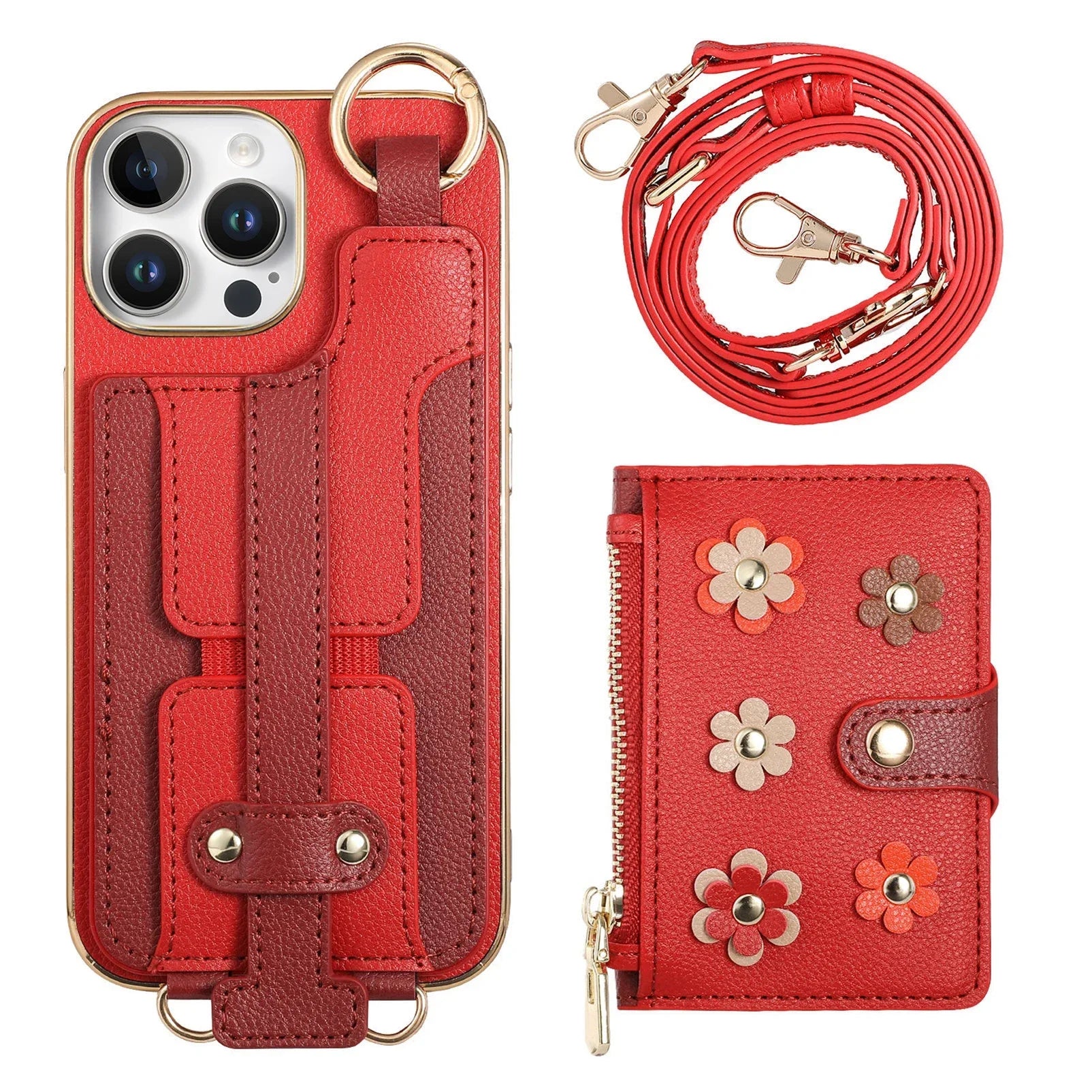 Shockproof Leather Wallet Case with Strap for iPhone 16 Series