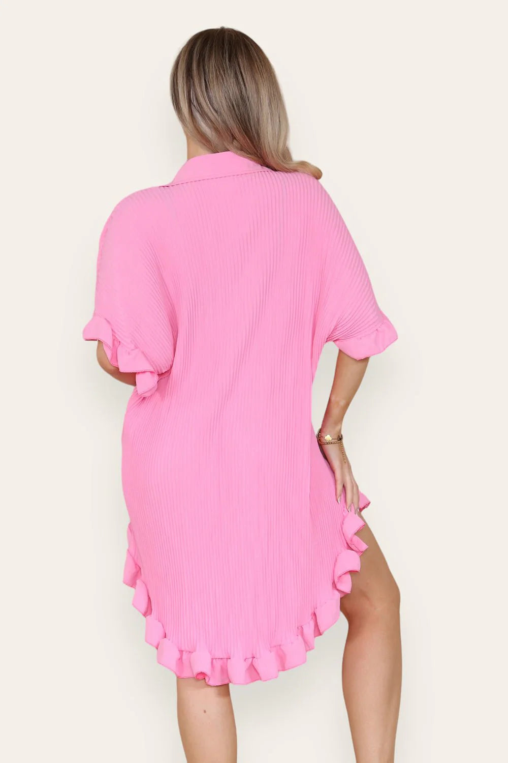 Rela Rela pleated button up frill detail swing dress in baby pink 5