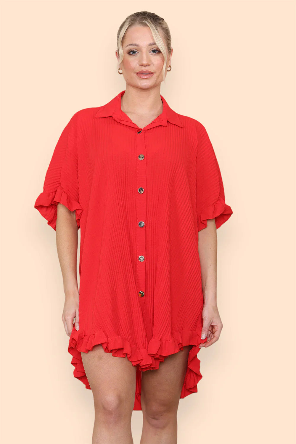 pleated button up frill detail swing dress in royal red 2