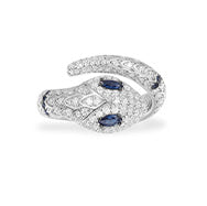 SERPENT OPEN RING WITH NAVY BLUE STONES - WHITE SILVER