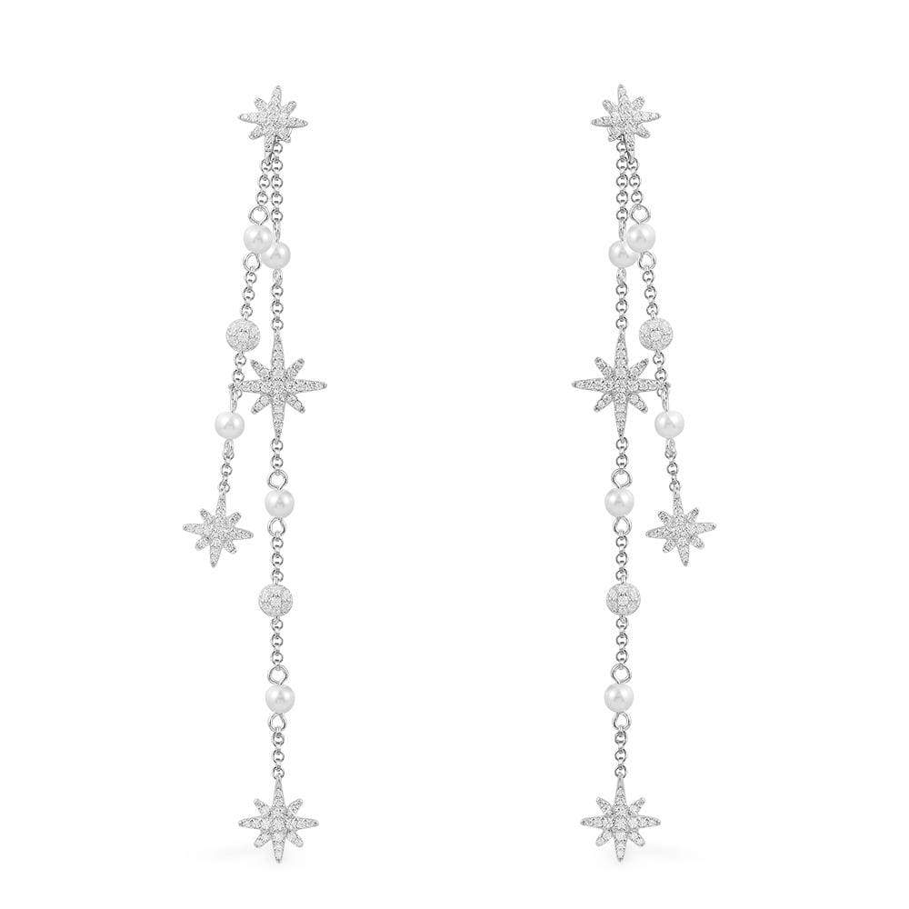 Long Pearl & Météorites Chain Earrings - silver