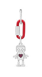 SINGLE RED CHAIN-LINK EARRING WITH ROBOT - SILVER