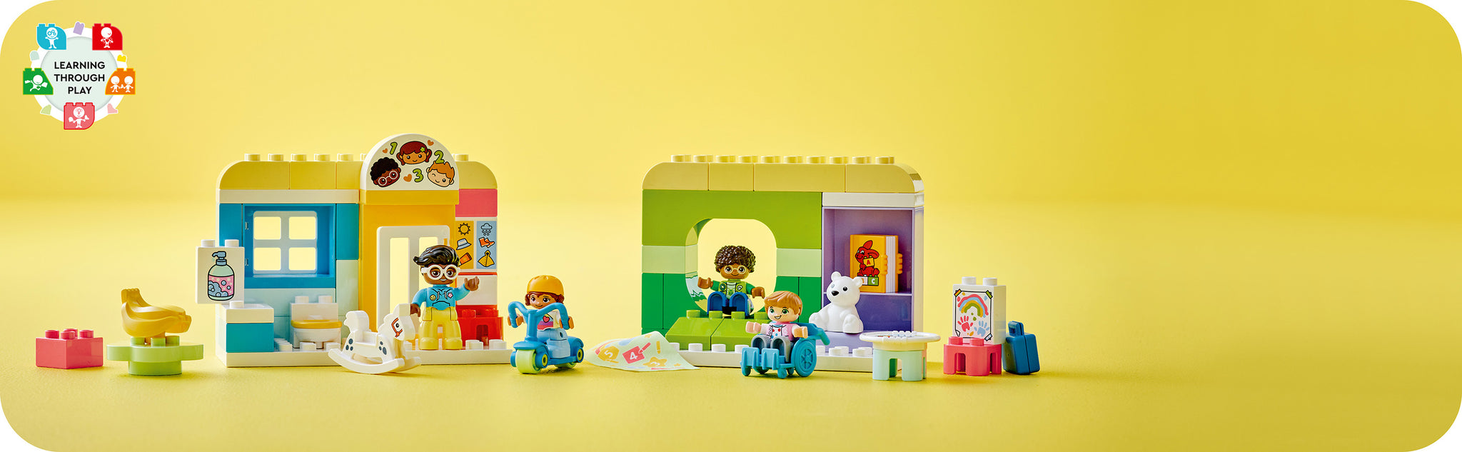 Toddlers aged 2 years and older learn through play with the LEGO® DUPLO® City Life in Daycare (10992) set. This educational toy set lets kids role-play everyday habits while learning about numbers and colors. Packed with realistic details The set is packed with creative activities that allow parents and children to role-play social play scenarios, just like in a real nursery. Kids can finger paint or enjoy a healthy snack. The wheelchair user can go down the ramp to join the other children who are zooming through the garden on the scooter. Parents can also teach the importance of washing hands in the toilet with sink. Stimulate the senses Like all LEGO DUPLO toddler toys, this set has brightly colored bricks that are fun to build with. The fabric number mat provides a tangible element. LEGO DUPLO sets help children better understand the world around them with recognizable environments and diverse characters. Colorful learning toy for kids – prepare toddlers aged 2 and up for kindergarten and introduce them to numbers and colors with the LEGO® DUPLO® City Daycare Life (10992) toy Lots of different characters – this colorful toy includes a figure of a preschool teacher and 3 children, so toddlers can learn how to play and share together Hours of creative activity – authentic features abound, from the drawing board and hand-washing toilet to dynamic elements such as the cute rocking horse and the toy scooter Develop motor skills - this nursery-style playset consists of 2 colorful parts, one for the toilet area and one for the sleeping area, so toddlers can have fun building Gift for young children - toddlers aged 2 years and over who like role-playing real-world stories will love this LEGO® DUPLO® playset as much as their parents who want to experience their children's developmental milestones Designed for little hands – this building toy measures over 5 in. (13 cm) high and 7 in. (19 cm) wide and can easily be combined with other LEGO® DUPLO® toys for even more realistic fun Toddler toys for curious kids – LEGO® DUPLO® sets are expertly designed with fun stories, bold colours, diverse characters and interesting details Consistent quality – LEGO® DUPLO® toys deliver to strict industry standards so it's easy for little fingers to grasp, put together and take apart: it's been that way since 1969 Safety guaranteed – LEGO® DUPLO® bricks and pieces are rigorously analyzed and tested to ensure they meet strict global safety standards