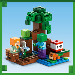 Surprise Minecraft® players aged 7 and older with a swamp full of adventure, action and creativity with LEGO® Minecraft The Swamp Adventure (21240). Super fun Minecraft toys to build and explore. Give children the creativity of Minecraft with this physical version of the dangerous swamp landscape. This versatile toy features Minecraft favorite Alex as he travels through the mud and mangroves on a Minecraft adventure. In addition to creative building opportunities, there are 2 hostile mobs to battle – a zombie and a slime, as well as a friendly frog observing the action from a lily pad. Kids help Alex use her ax and operate a lever to detonate TNT and deflect any attack. For extra digital fun, the LEGO Builder app has intuitive zoom and rotate functions that let kids visualize their model as they build it. Creative Minecraft® playset – LEGO® Minecraft The Swamp Adventure (21240) recreates the game's mangrove swamp and is packed with opportunities to build creatively and role-play exciting confrontations Familiar characters – includes Minecraft® favorites Alex, a zombie, a slime block and a frog in a swamp landscape complete with a mangrove tree, workbench, ax and exploding TNT function Lots of play options – kids can build, explore, battle and detonate TNT as they fend off hostile mobs in the dangerous mangrove swamp Great gift for kids – surprise Minecraft® players aged 7 and over with this physical version of the game's exciting swamp for a birthday, the holidays or any other occasion. Also for on the go - this compact set measures over 3" (8cm) high, 3" (9cm) wide and 3" (8cm) deep and offers various play options Interactive digital building - the LEGO® Builder app has intuitive zoom and rotate functions that allow children to visualize their model while building it Minecraft® in real life - with LEGO® Minecraft sets, children experience the popular game in a different way with mobs, environments and features brought to life with LEGO bricks Quality guaranteed – LEGO® parts meet strict quality standards, making them consistent, compatible and easy to put together Safety first – LEGO® parts are dropped, heated, crushed, twisted and analyzed to ensure they meet strict global safety standards