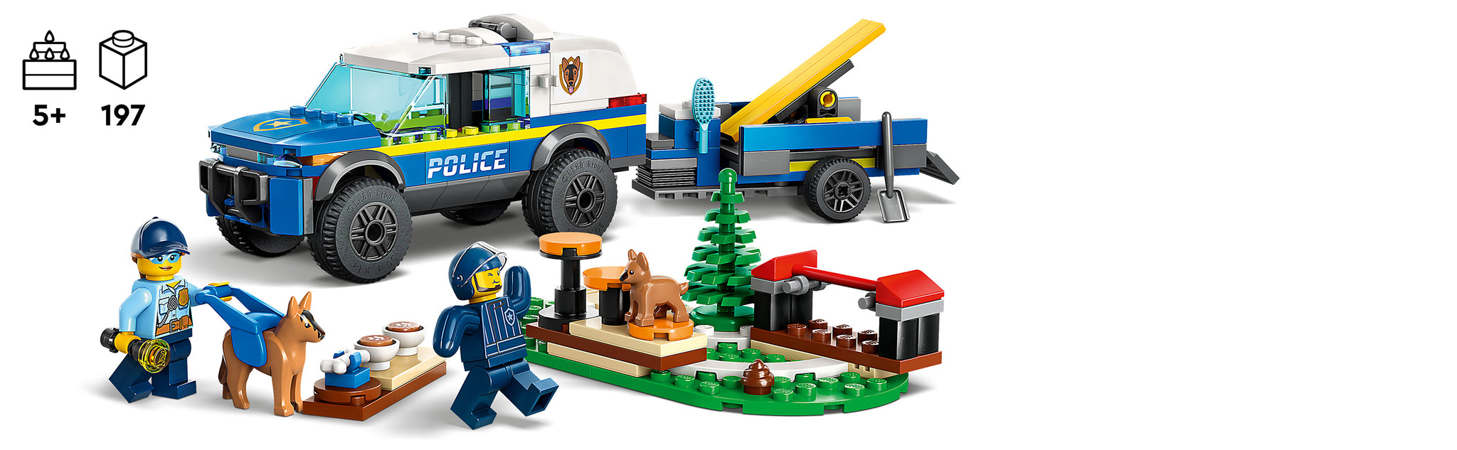 LEGO 60369 Mobile Police Dog Training Kids and dog lovers aged 5 and up will love this LEGO® City Mobile Police Dog Training (60369) playset. The set is packed with inspiration for imaginative play and includes an all-terrain vehicle, trailer and 3 dog play equipment: a see-saw, obstacle and stepping feet. Add the police officers and the figures of an adult dog and a puppy and the fun can begin. An engaging build and play experience Includes simple printed building instructions with pictures and the LEGO Builder app – a digital building companion with intuitive zoom and rotate functions that let kids see their model from all sides as they build. The creative world of LEGO City LEGO City Police playsets give kids a fun build and play experience with detailed buildings, realistic vehicles and characters that encourage imaginative role play.