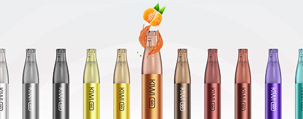 The full Kiwi GO disposable vape range featuring Tangerine flavour