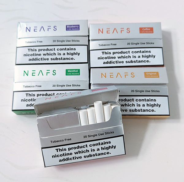 5 Flavours of Neafs Tobacco-free Sticks with an open box