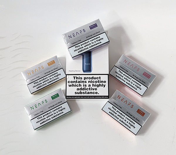 The Neafs TEO device packaging with a selection Neafs Sticks flavour packs