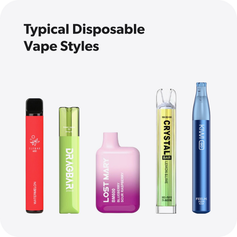 A selection of 5 typical disposable vape styles