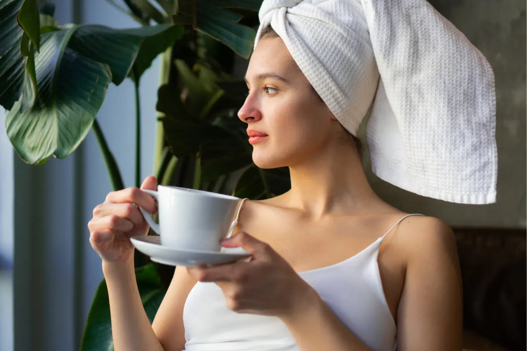 Woman with teacup in spa with towel on head