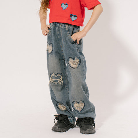 史上一番安い ハートダメージデザインストレートデニムパンツ|子供服・キッズ パンツ