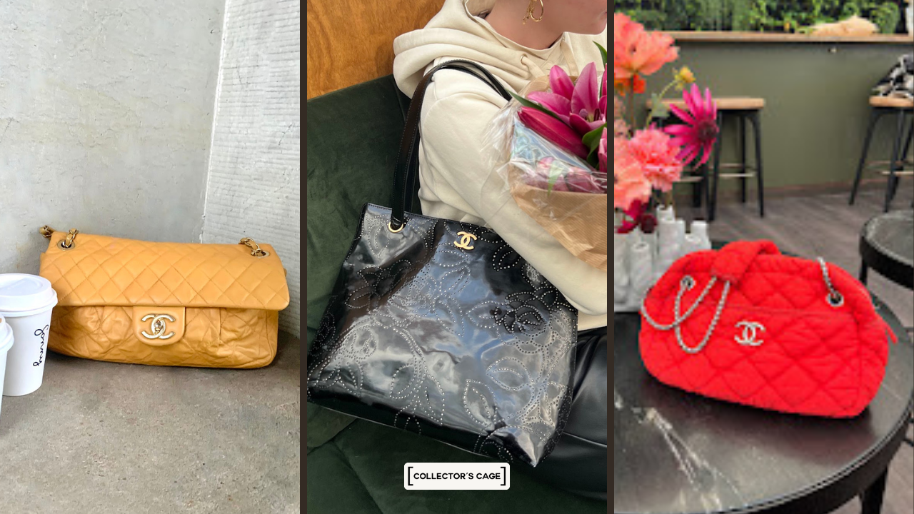 Chanel vintage beige shoulder bag, Chanel Black Patent Perforated Camellia Tote bag, red Chanel Bubble Bag