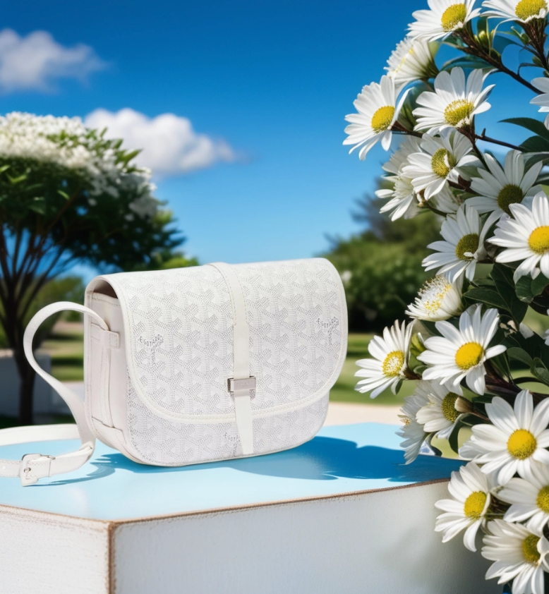 White Goyard bag in a field of flowers
