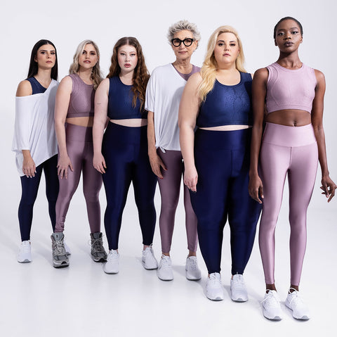 Six women of different sizes and ages wear raven sportswear