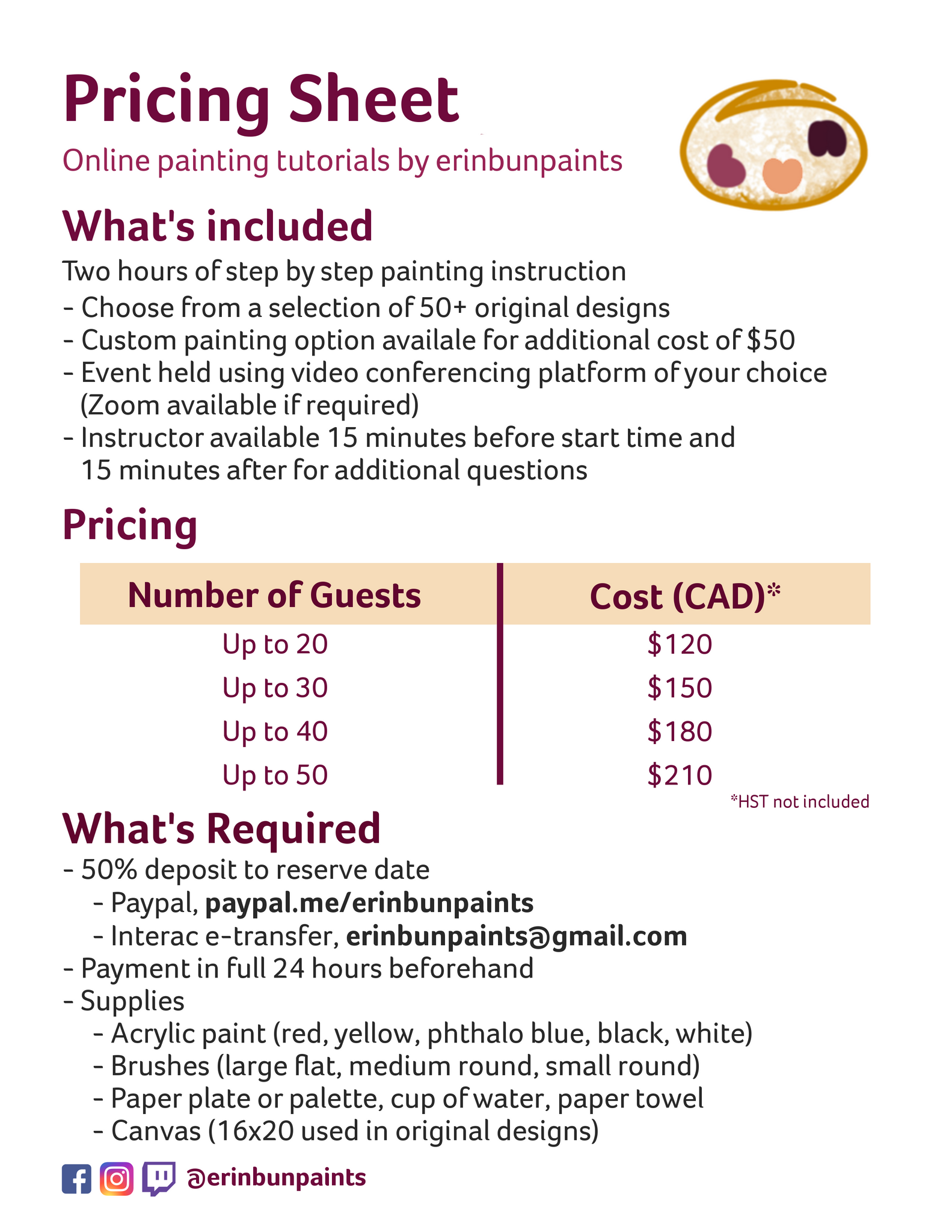 erinbunpaints Private Event Pricing Sheet