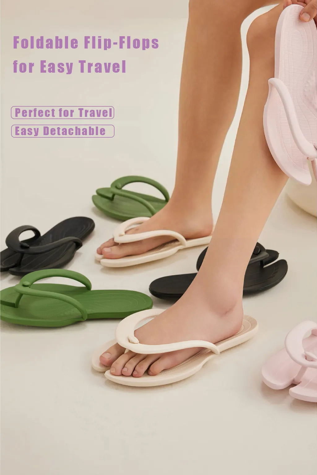 Foldable flip-flops for easy travel, perfect for travel, easy detachable. Available in multiple colors: green, black, pink, and ivory.