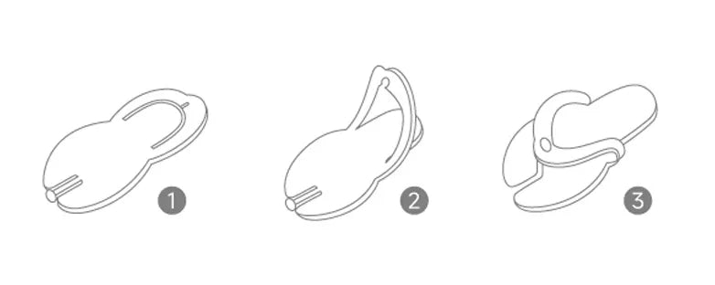 Instructions showing how to fold flip-flops in three simple steps: 1. Flatten, 2. Fold, 3. Store easily.