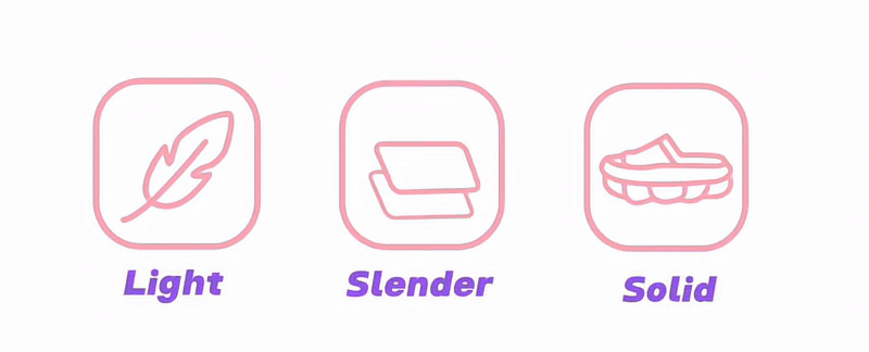 Three feature icons representing product qualities: light feather symbol for lightweight, two stacked panels for slim design, and shoe sole for solid support.