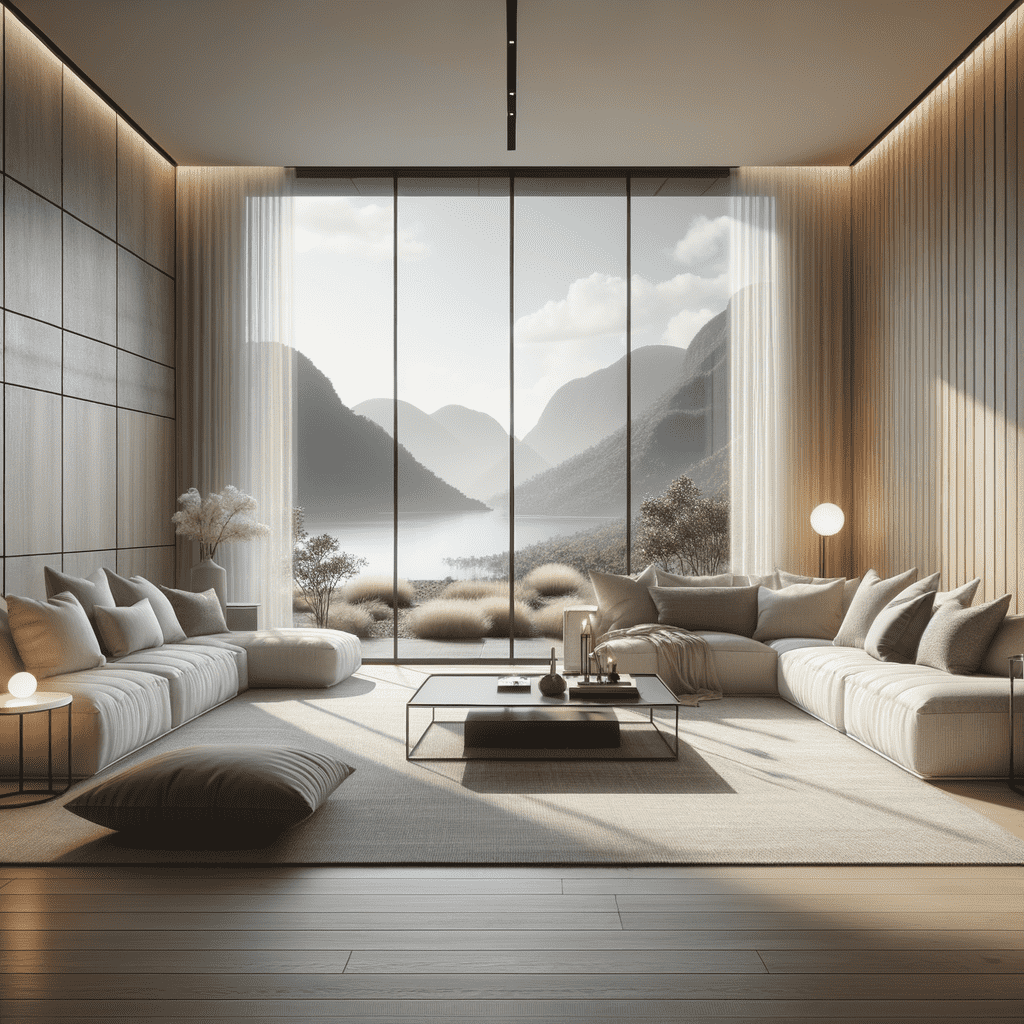 A modern living room with large floor-to-ceiling windows offering a panoramic view of a serene lake and mountains, furnished with neutral toned sofas and minimalist decor.