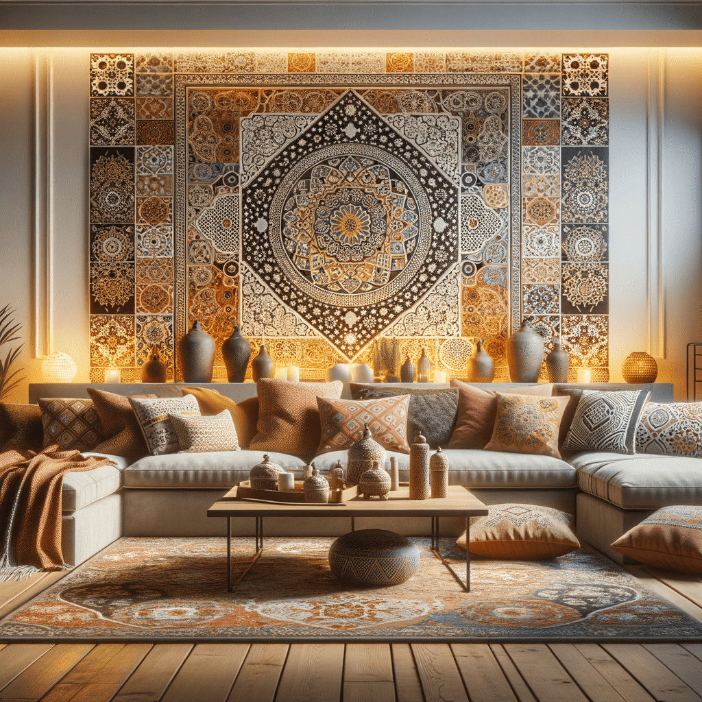 Cozy living room with bohemian style decor, featuring a patterned tapestry on the wall, assorted pillows and candles, with earthy tones throughout.