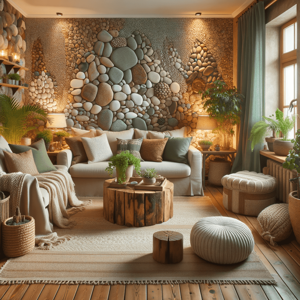 Cozy living room interior with stone accent wall, beige furniture, wooden accents, and green houseplants.