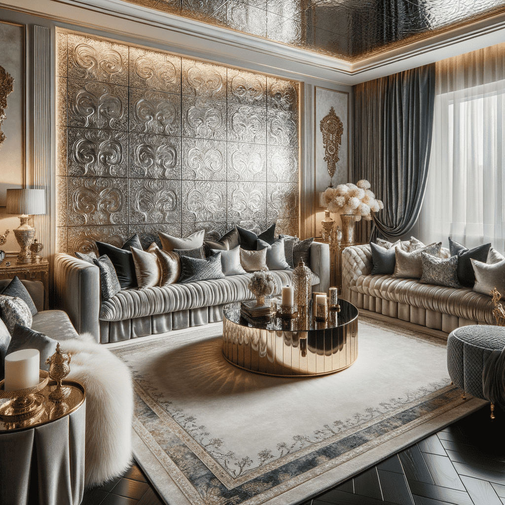 Elegant and luxurious living room with silver and gold decorative elements, plush sofas, ornate wall panels, and a glossy round center table.