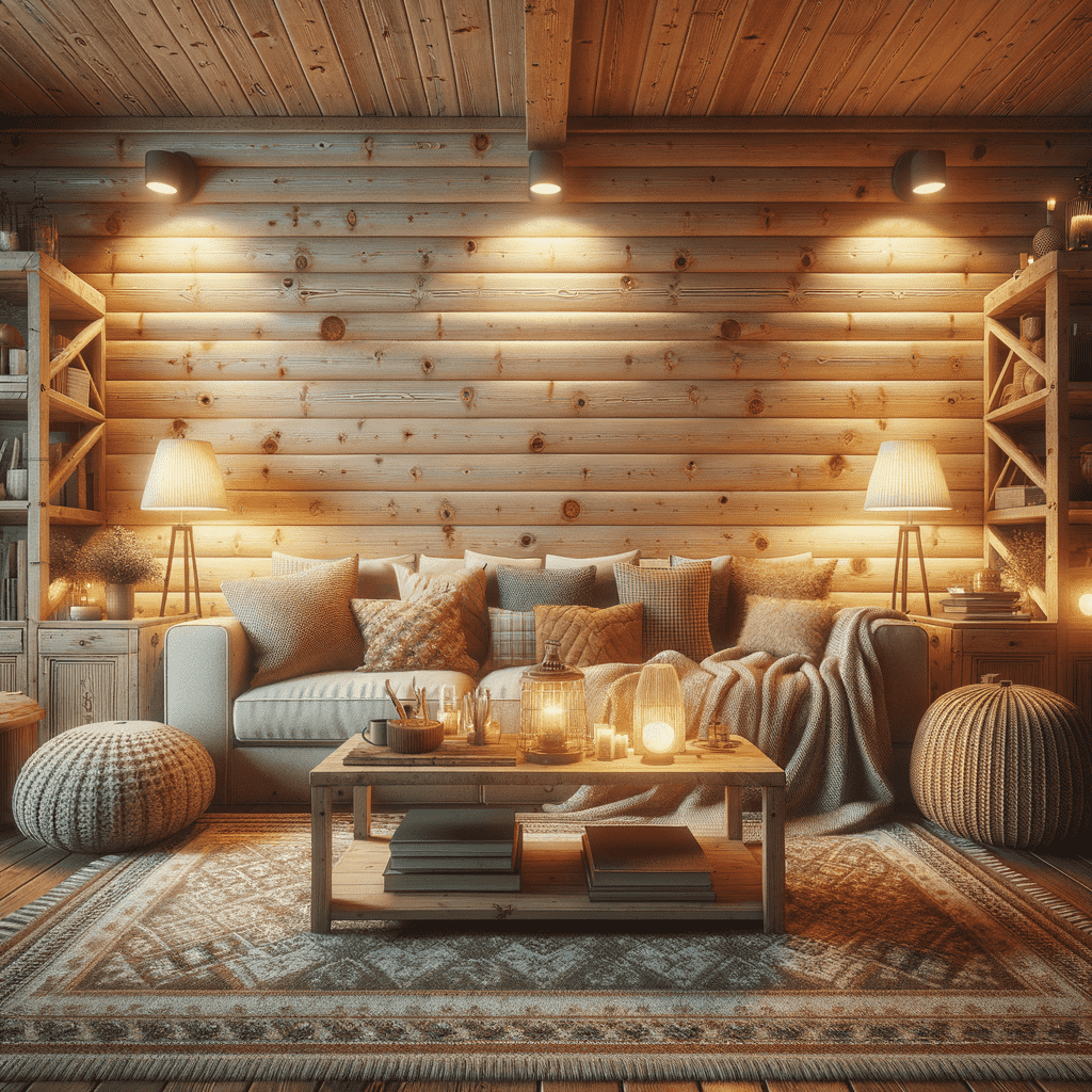 A cozy cabin living room with wooden walls and ceiling, a plush sofa filled with pillows, warm lighting from lamps and candles, a knitted pouf, and rustic decor.