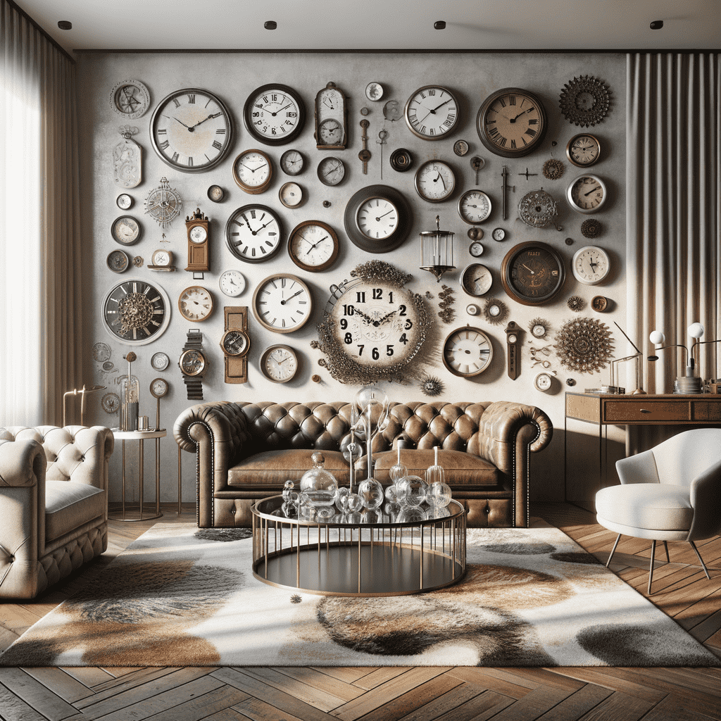 An elegantly decorated living room with a variety of clocks covering the wall, a leather sofa, a glass-topped coffee table, and modern chairs.