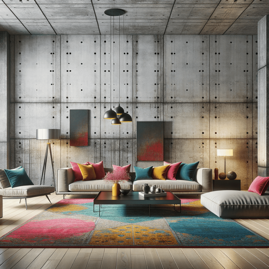 A stylish interior design of a modern living room with concrete walls, colorful cushions on the sofas, vibrant area rugs, and contemporary artwork.