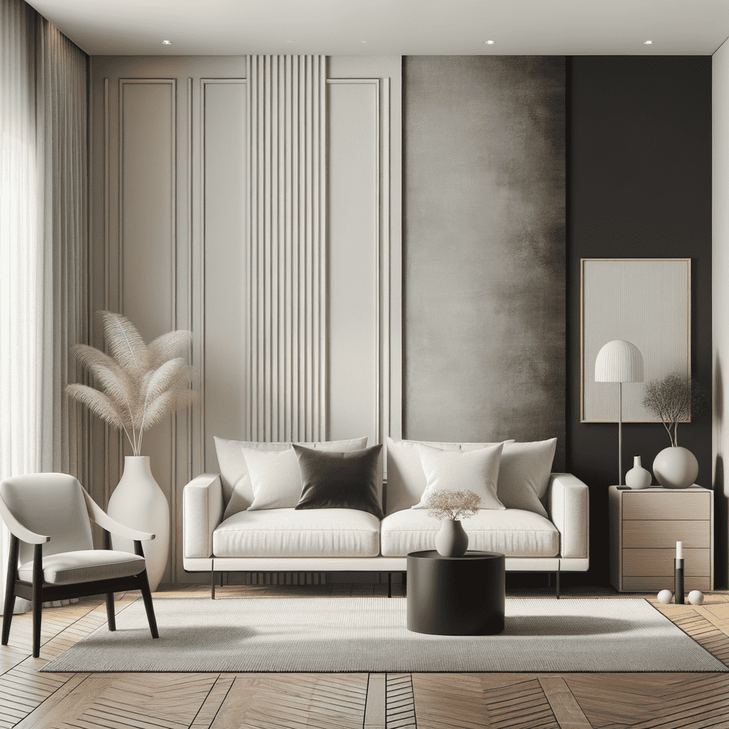 Modern living room interior with a two-seater sofa, armchair, decorative vases, and framed wall art, featuring a combination of neutral tones and contrasting dark wall panel.