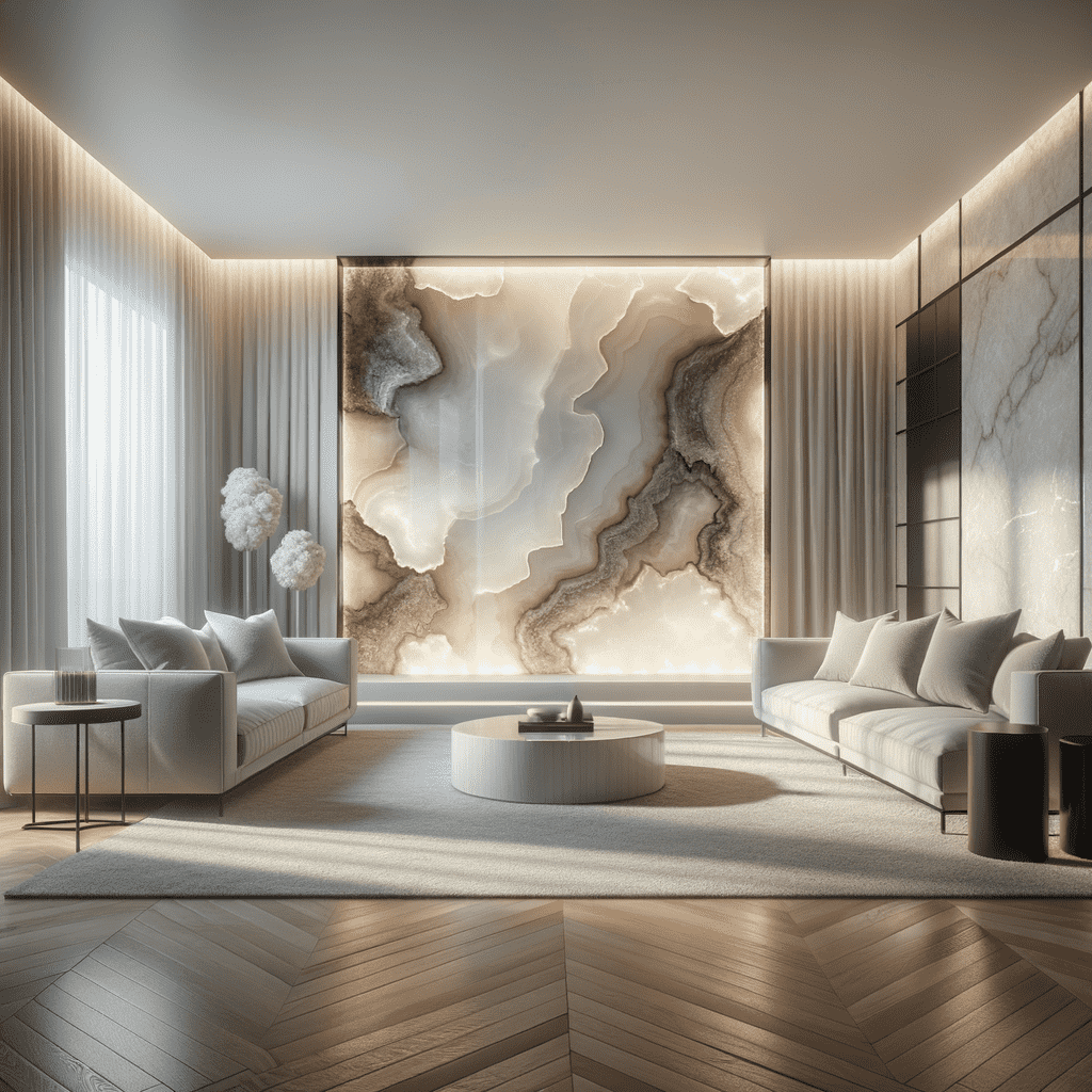 Alt text: A modern living room with elegant furniture, warm lighting, and a large statement wall with a backlit onyx marble panel with swirls of cream, brown, and gold, creating a luxurious and serene atmosphere.