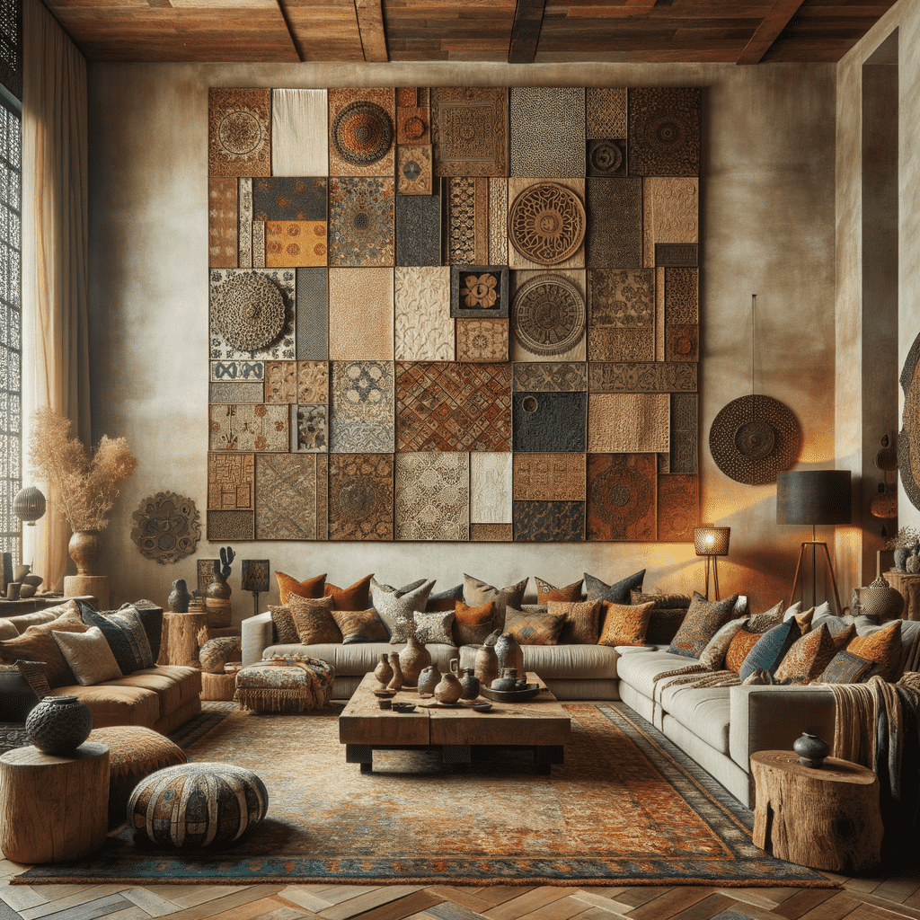A cozy living room with a large, textured wall art featuring an array of square and circular panels with various patterns. The room is furnished with a comfortable sectional sofa, decorative pillows, wood furniture, and warm lighting, creating an inviting bohemian ambiance.