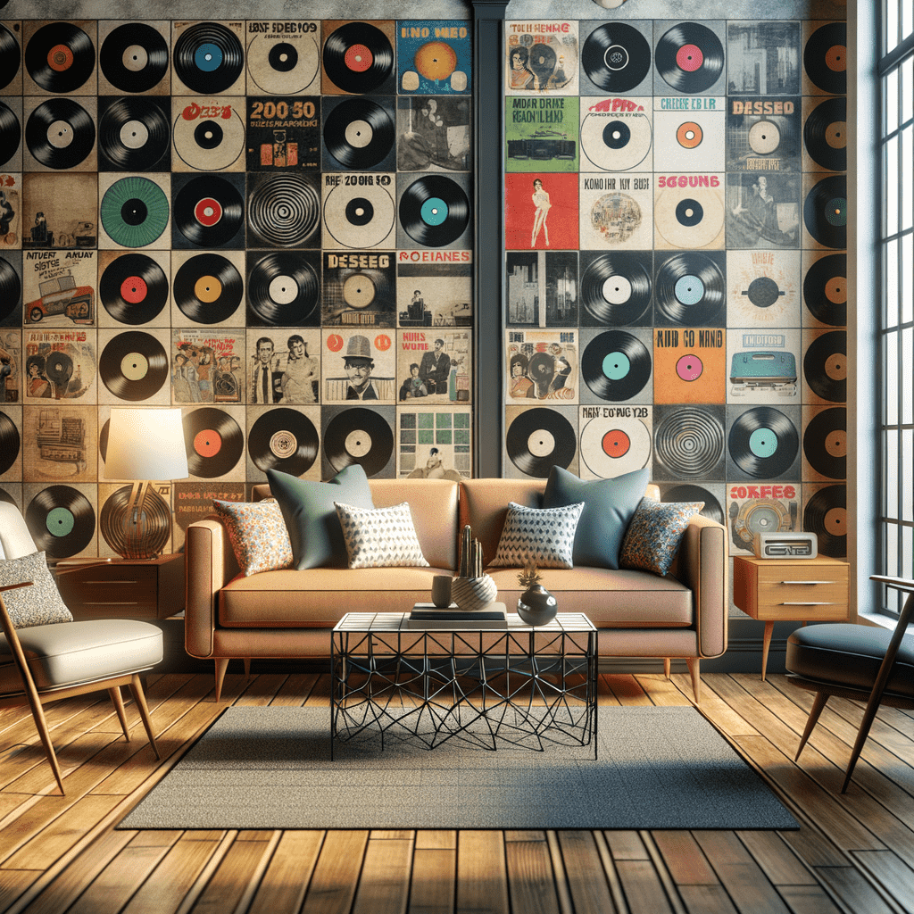 A cozy living room with a mid-century modern aesthetic, featuring a tan leather sofa adorned with stylish cushions, a geometric coffee table, and a wall decorated extensively with a variety of vintage vinyl records. A floor lamp, a side chair, and additional retro decor elements complement the warm, inviting space.