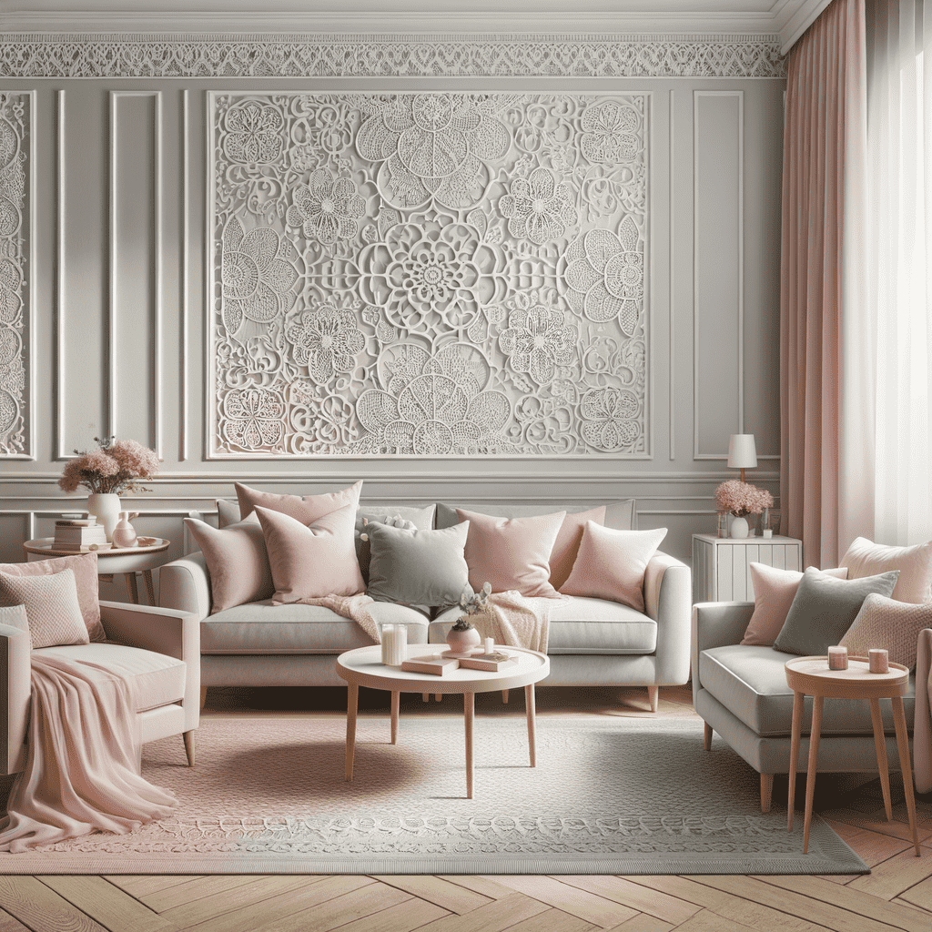 Elegant living room interior with a classic touch, featuring a white sofa with pale pink cushions, round wooden coffee table, panelled walls with intricate lace-like carving, soft pastel curtains, and decorative plants adding a cozy ambiance.
