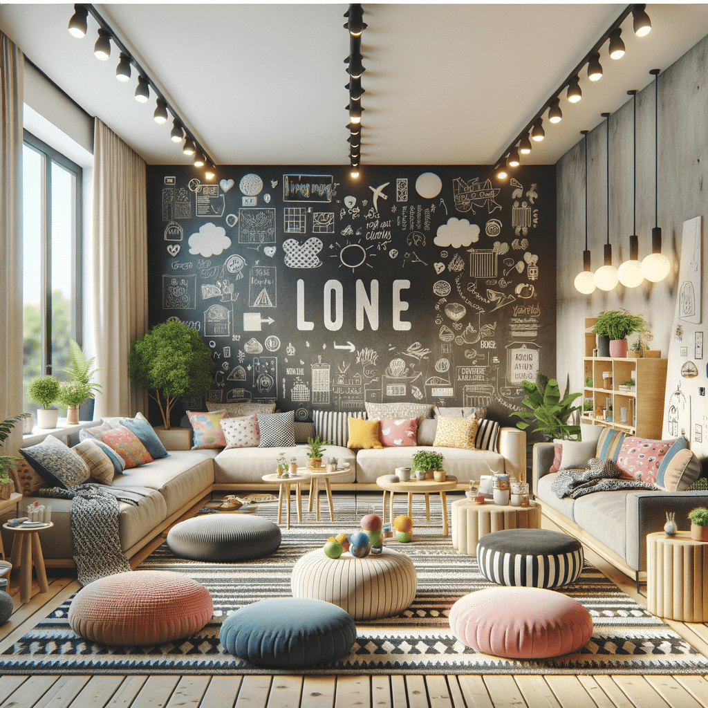 A cozy, eclectic living room with a mix of vibrant cushions on a sectional sofa, floor poufs, wooden furniture, decorative lighting, and a large chalkboard wall filled with whimsical drawings and the word "LOVE" prominently displayed. Plant accents and large windows create a bright, lively space.