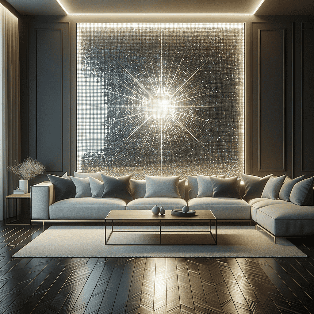 A modern living room with a large L-shaped couch, a minimalist coffee table on a rug, and a striking, glowing star-like light installation on the wall. The room has dark wood flooring and ambient lighting.